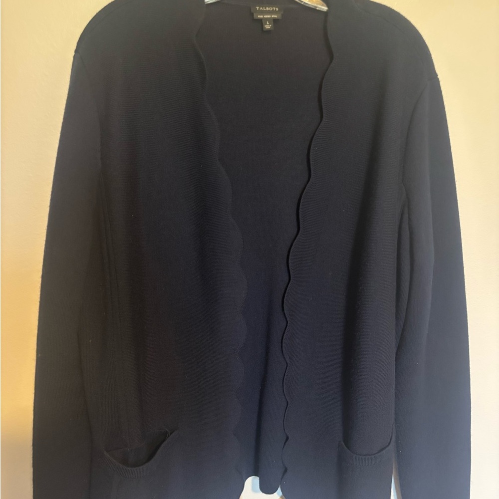 Talbots Dark Blue Cardigan with Wavy Trim